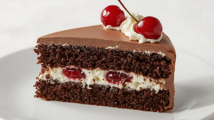 Black forest cake with chocolate and cherries on a white plate. Perfect for bakery menus, dessert recipes, and food blogs.