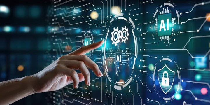 A hand interacts with a futuristic digital interface featuring AI, cybersecurity, and automation icons. A concept for modern technology and innovation.