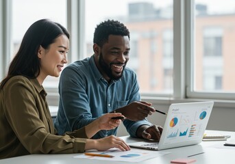 Diverse business team working together on a laptop in a modern office setting.