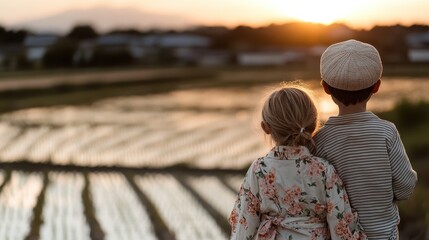 Two children embrace the beautiful sunset, gazing over lush rice fields, symbolizing innocence, friendship, and the joyful experiences enjoyed in nature during golden hour.