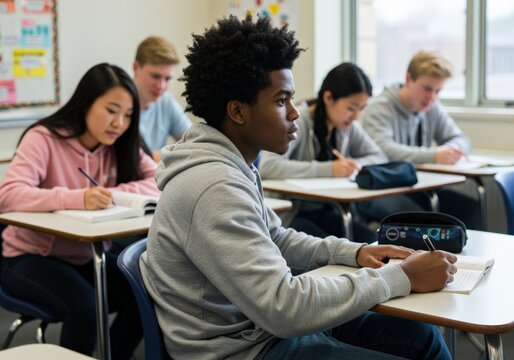 A diverse group of students attentively write in notebooks during a class.