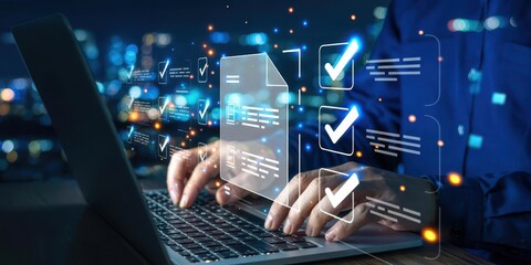 A person uses a laptop to manage an online checklist. Concept of digital document approval, compliance, quality control, and workflow automation.
