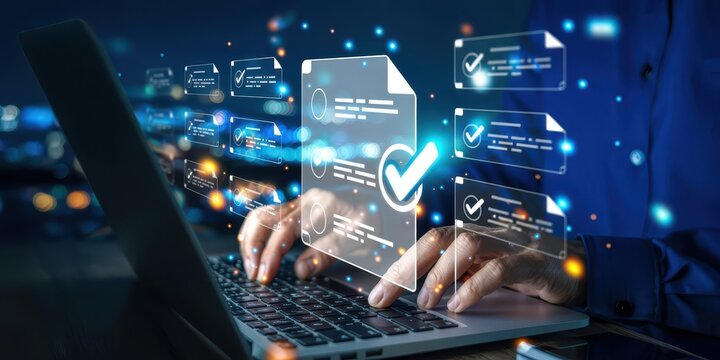 A person uses a laptop to manage an online checklist. Concept of digital document approval, compliance, quality control, and workflow automation.