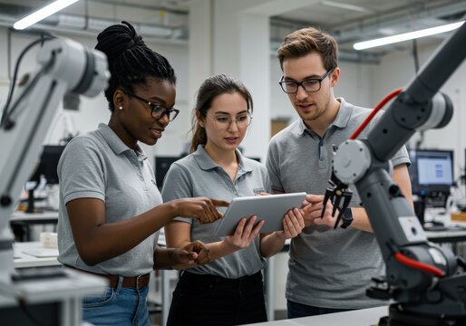 Engineers examine a tablet near a robotic arm in a modern laboratory environment.