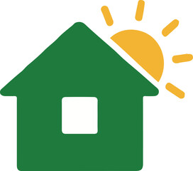 House Sunrise Logo – Real Estate and Home Care Icon. An outline vector of a house with rising sun rays behind, symbolizing warmth, new beginnings,