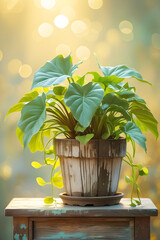 Potted Houseplant Rustic Pot with Golden Bokeh