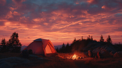 A tent glows warmly beside a campfire under a vibrant sunset sky in a forest landscape scene