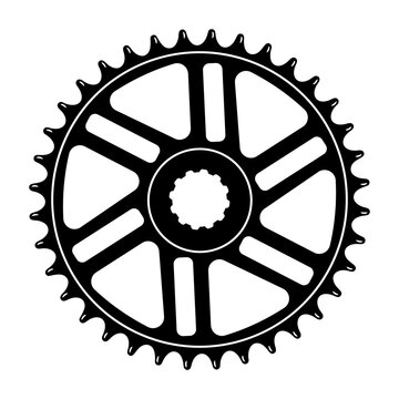 Bicycle Chainring Sprocket Vector Illustration. This black and white illustration depicts a detailed bicycle chainring sprocket with evenly spaced teeth around the outer edge.
