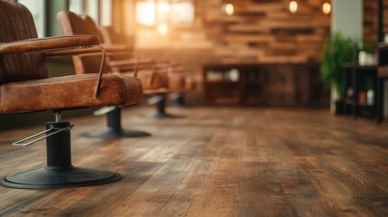 A cozy barbershop featuring vintage brown leather chairs, wooden floors, and warm lighting, creating a stylish and inviting atmosphere for clients seeking grooming services.