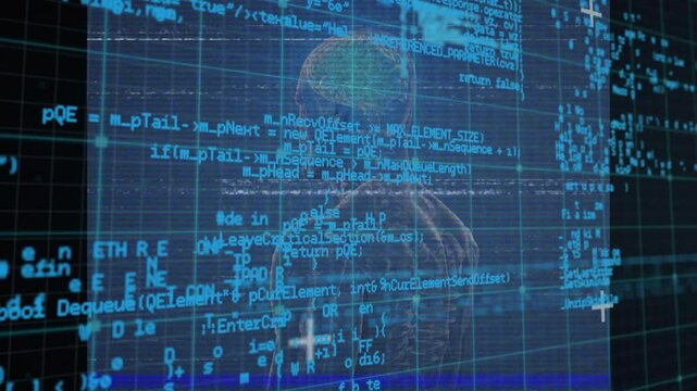 Upon code overlay, holographic wireframe skeleton figure glitching shifting to reveal glowing brain
