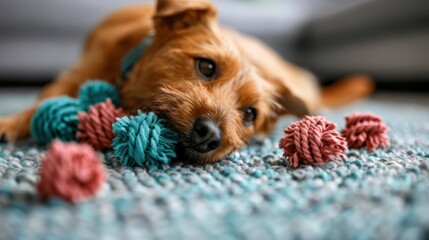 A playful, adorable dog rests on a colorful rug surrounded by plush toys, capturing the joy and innocence of pets in a cozy home environment filled with love.