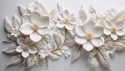 white decorative plaster flowers and branches creating a beautiful floral pattern on a white background