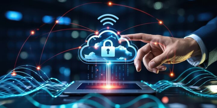 A businessman's hand touches a secure cloud icon on a virtual interface, symbolizing data protection, cybersecurity, and cloud computing technology.
