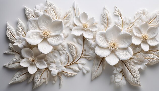 white decorative plaster flowers and branches creating a beautiful floral pattern on a white background