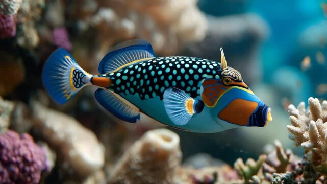 Exotic lagoon triggerfish swimming amidst colorful coral reef environment detail video