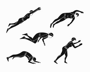 Black and White Illustration of Swimmer in Various Poses on a White Background