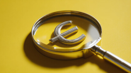 A euro symbol under a magnifying glass on a yellow background in a studio setting close up view