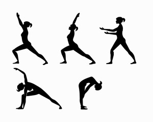 Silhouette of a Woman in Various Yoga Poses on a White Background