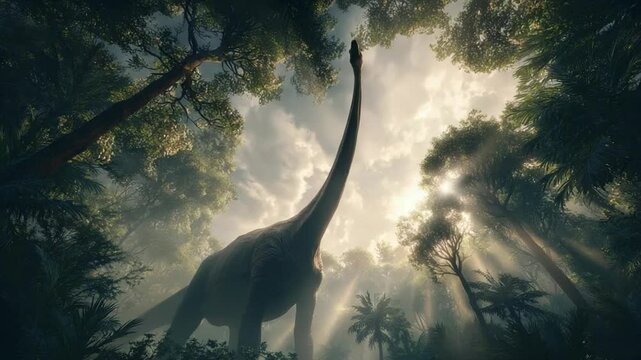 Majestic Brachiosaurus in Lush Prehistoric Jungle, Sunlit Canopy, Cinematic View