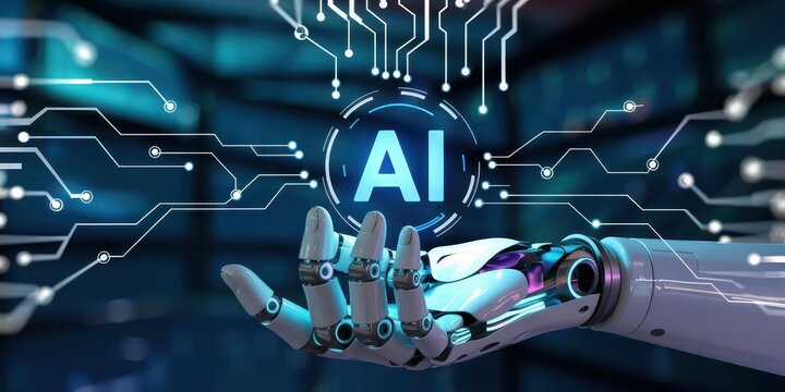 A robotic hand presents a glowing AI icon. A futuristic concept of artificial intelligence, machine learning, and automation.