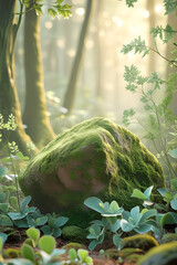 Mossy Rock Forest Sunlight Scene