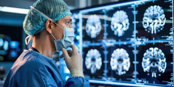 A neurosurgeon in scrubs analyzes brain scans on a digital screen. Concept of healthcare, medical diagnostics, and modern surgery.