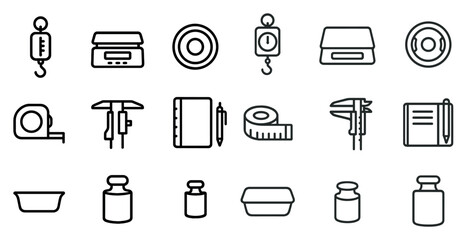 Measurement line icons set – linear, outline, weight and precision tools