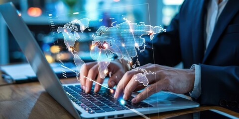 A businessman uses a laptop with a virtual world map hologram. A concept for global business, network technology, and international communication.
