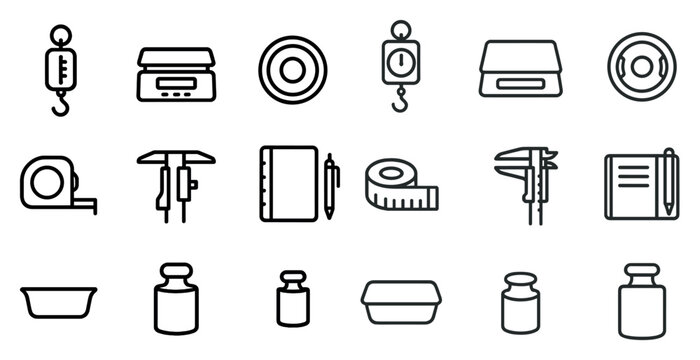 Measurement line icons set – linear, outline, weight and precision tools
