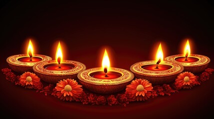 Five lit diya lamps with decorative pattern and flowers for Diwali celebration. Traditional Indian festival background. Deepavali, Festival Lights, Dipawali - Hindu Celebration, Indian