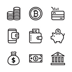 Financial icons including bitcoin and banking elements