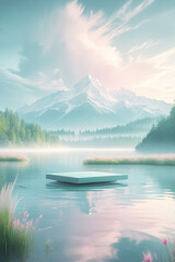 Pastel Mountain Lake Platform Scene