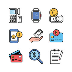 Payment methods and financial transactions icons collection