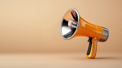 Small, cute megaphone figure crafted from glossy orange plastic with a smooth, curved body and a silver metallic rim around the speaker, isolated on a solid warm beige-to-soft orange background