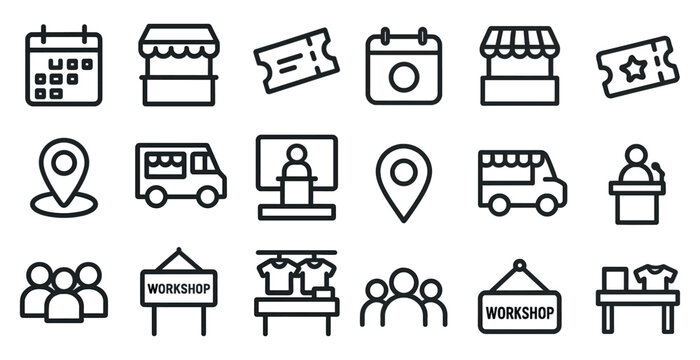 Workshop and event line icons set – outline, seminar and conference symbols