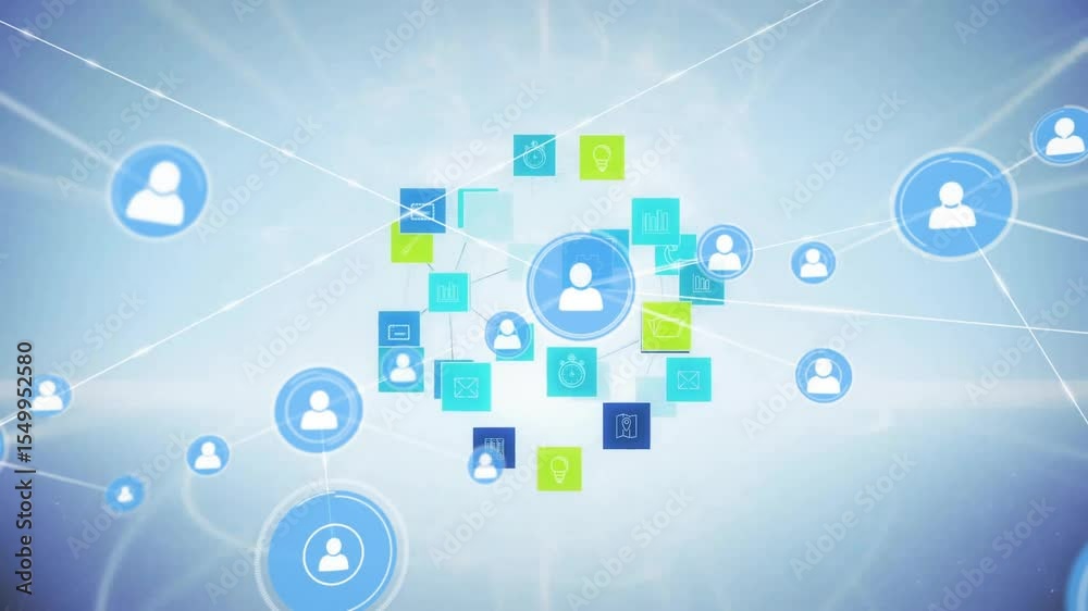 Poster central circle appearing sending lines spawning rotating icons forming network showing connectivity