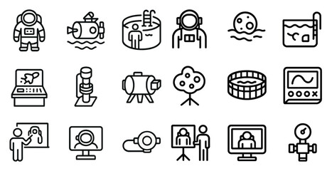 Fototapeta premium Space exploration outline icons set – solid, linear, cosmic technology symbols