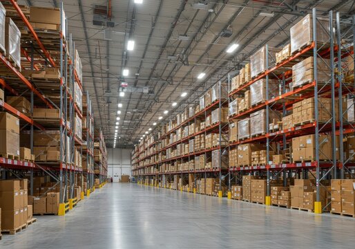 A wide shot reveals a busy warehouse filled with packed boxes ready for shipping and logistics. - Powered by Adobe