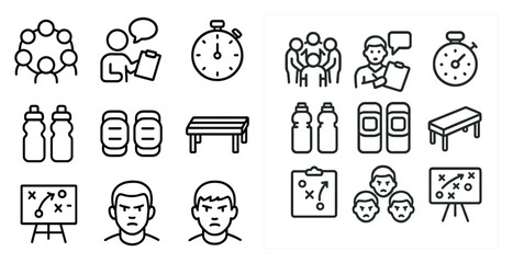 Fototapeta premium Teamwork and coaching outline icons set – linear, sports, and management symbols