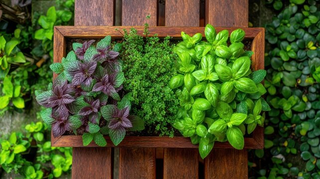 Vibrant overhead view of a herb garden tray with basil thyme and mint on a softly blurred greenhouse bench background