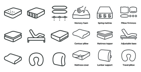 Sleep and comfort outline icons set – line, pillow, mattress, bedding essentials