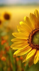 Obraz premium Vibrant yellow sunflower head with pollen detail on a softly blurred summer field background under perfect lighting