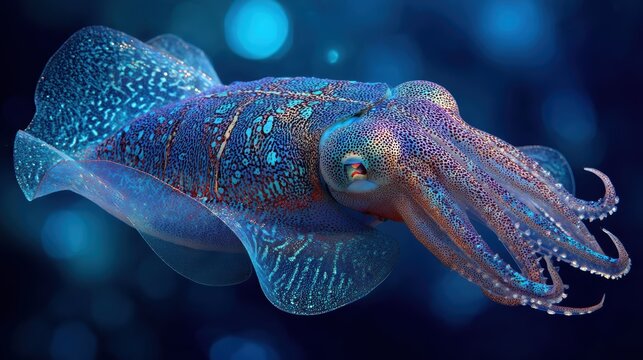 Vibrant vampire squid spreading its webbed arms against a softly blurred inky ocean backdrop