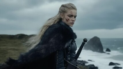 Slavic warrior: viking spirit, feminine courage, tribal shield, ancient saga, bold stance, legendary tale, nordic myth, fearless gaze, warrior code, cultural essence