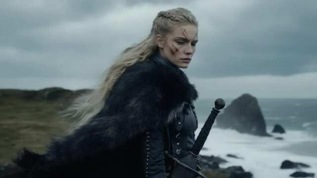 Slavic warrior: viking spirit, feminine courage, tribal shield, ancient saga, bold stance, legendary tale, nordic myth, fearless gaze, warrior code, cultural essence