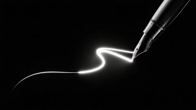 Elegant fountain pen drawing glowing line on dark background creating flowing effect