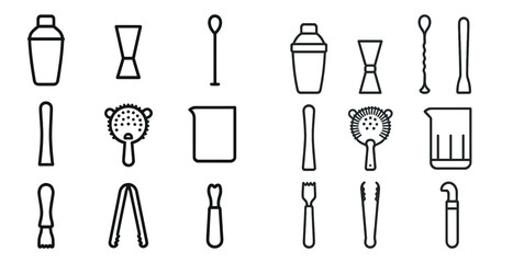 Cocktail and bar tools outline icons set – linear, mixology, bartender essentials