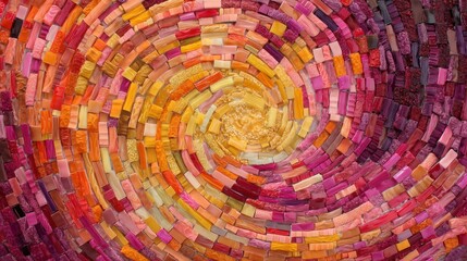 Vivid mosaic swirl of sunset hues with orange, magenta and yellow ceramic tesserae