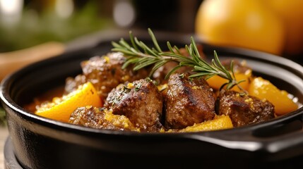 A delicious dish featuring tender meatballs cooked to perfection with citrusy orange slices and fresh aromatic herbs, ideal for warming meals and special occasions.