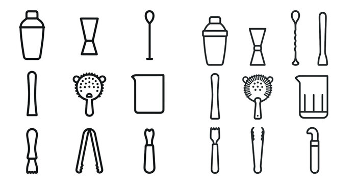 Cocktail and bar tools outline icons set &ndash; linear, mixology, bartender essentials